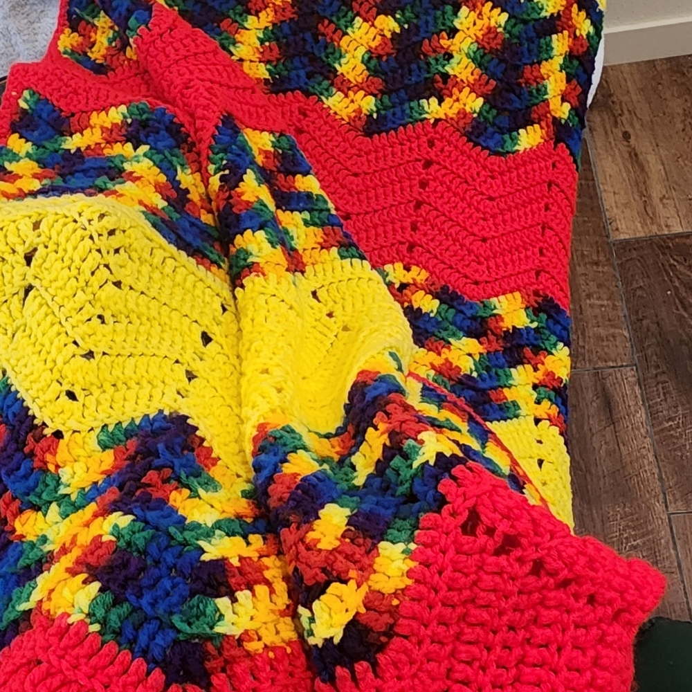 Colorful Crochet Blanket 52L X 53W Approx. Great Kids Size Or Just A Throw Size